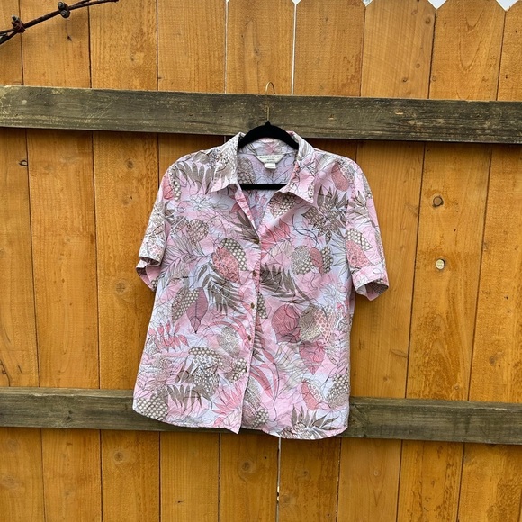 Allison Daley Pink Womens size 14 Petite Button Down Blouse‎ Shirt Floral Leaf - Picture 1 of 14